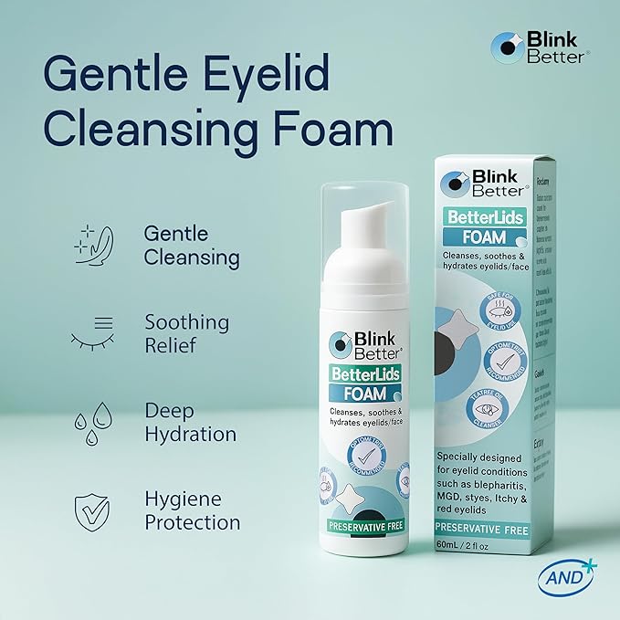 BlinkBetter BetterLids Eyelid Foam Cleanser – Tea Tree Oil Face & Eyelid Wash with Ectoin, Centella, Beta Glucan & Panthenol – 4-in-1 Hydrating, Soothing, Purifying Formula – 2 oz- Preservative Free