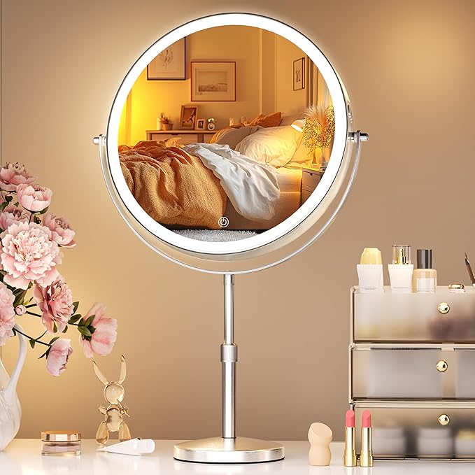 Hasipu 10” LED Makeup Mirror with 1X/10X Magnification - Rechargeable Vanity Mirror, 3 Color Modes, Touch Control, 360° Rotation & Height Adjustable Nickel