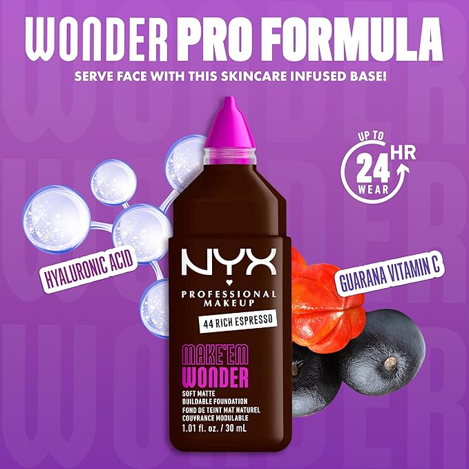 NYX PROFESSIONAL MAKEUP Make 'Em Wonder Liquid Foundation, 24HR Foundation Makeup With A Soft Matte Finish, Buildable Full Coverage - 44 Rich Espresso