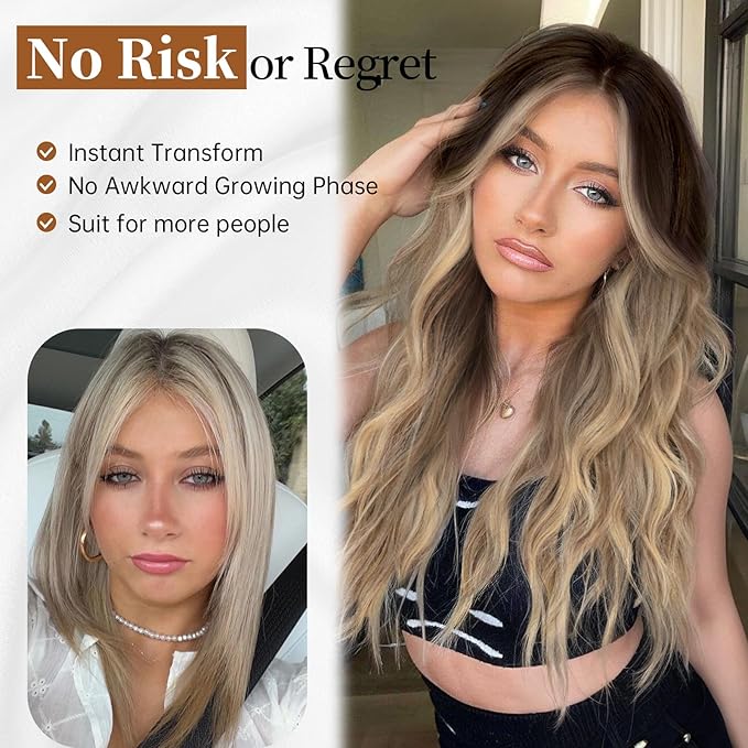 AISI HAIR Ombre Dirty Blonde Wig for Women, Long Wavy Lace Hairline Middle Part Synthetic Wig for Daily Party-26 Inch