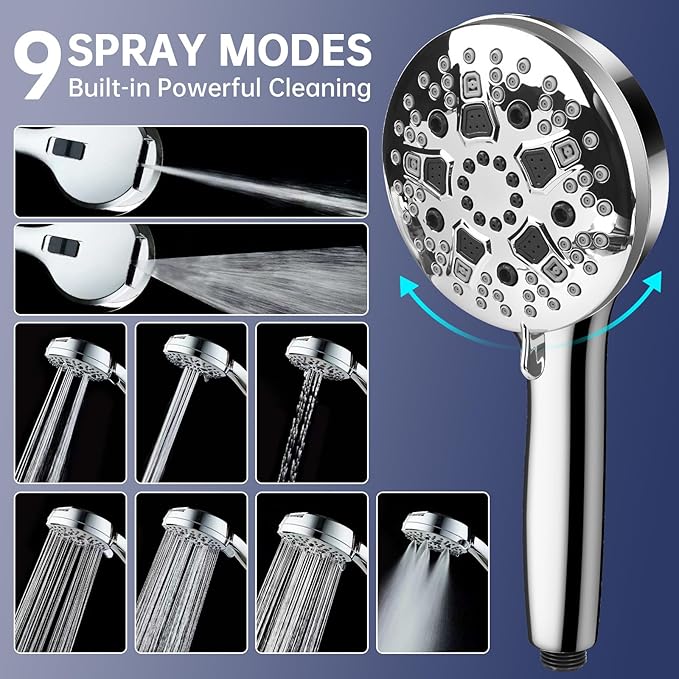 Filtered Shower Head with Handheld, High Pressure 9 Spray Mode Showerhead with Filters, 20 Stage Shower Filter Head for Hard Water, Anti-clog Nozzles, 59" Hose,Showerhead with Built in Power Wash Mode