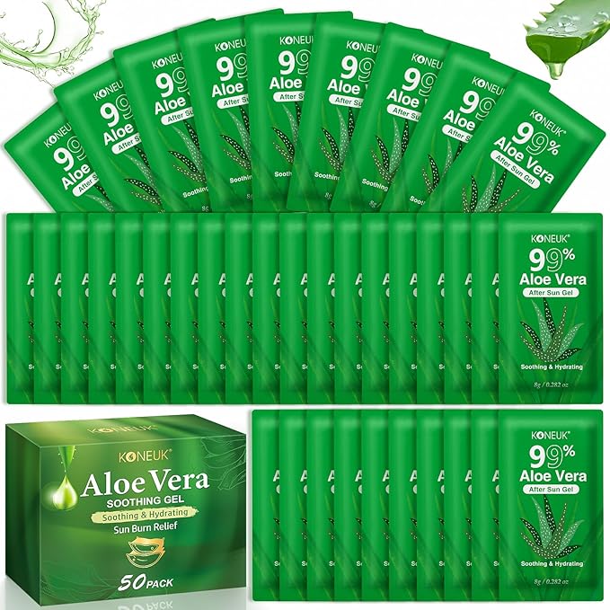 KONEUK 50 Pack Aloe Vera Gel for Face, Hair, Body, Skin, Sunburn Relief, 99% Pure Aloe Vera Gel for All Skin Types, Bulk Aloe Gel Travel Size for Soothing After Sun Skin Care Relief