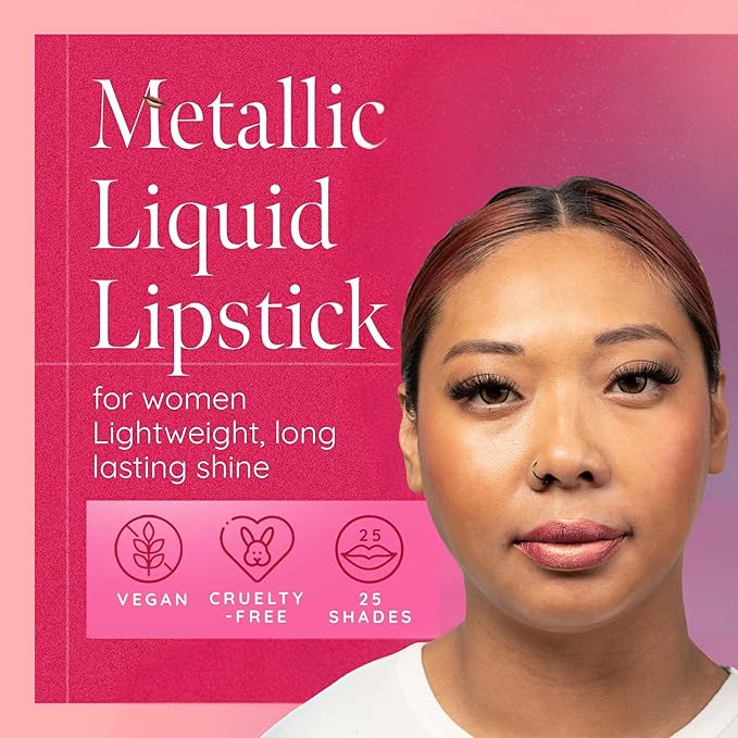 Aromi Metallic Liquid Lipstick | Peachy Pink, Coral Lip Color with Shimmery Finish, Long-lasting, Vegan, Cruelty-free, Smudge Proof, Gluten Free (Rose Gold)