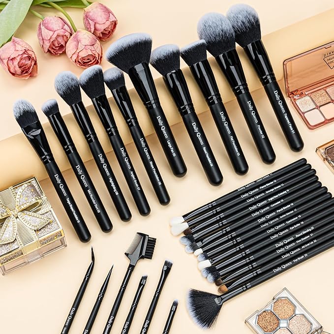 Daily Queen 29pcs Black Professional Makeup Brush Set Kabuki Powder Concealers Eye shadows Blush Eyeliner Eyebrow Contour Eye blending Brushes (29pcs brush)