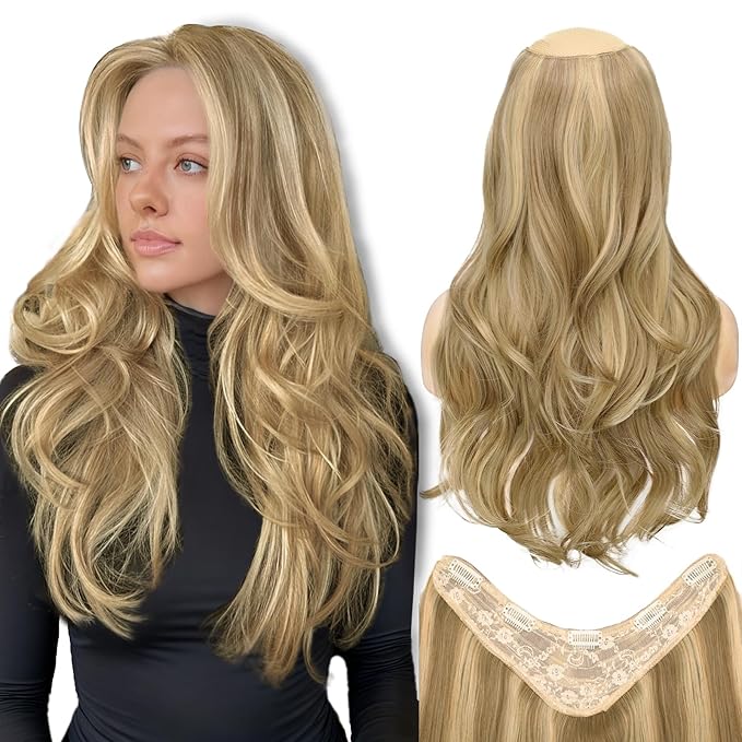 ALXNAN Long Wavy Hair Extensions for Women, Clip in Hair Extensions Clip Ins Soft Full Head Synthetic Hairpieces 20 Inch Dirty Blonde