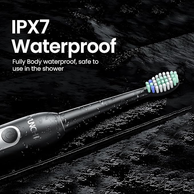YUNCHI Electric Toothbrush Birthday/Valentine Plastic 8 Heads 24-Mo Deep Cleans Gentle Gums Removes Stains 3Hr USB-C 90d 2-Min Timer/30s IPX7 - Black