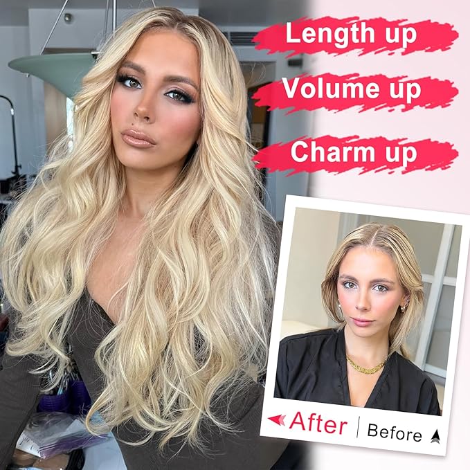ALXNAN Long Wavy Layered Hair Extensions for Women, Clip in Hair Extensions Clip Ins Soft Full Head Synthetic Hairpieces 20 Inch Vanilla Blonde