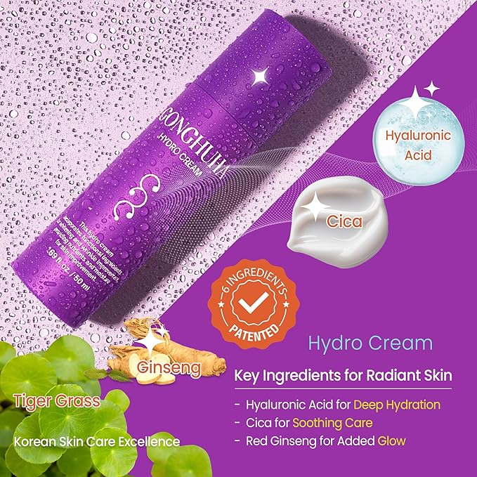 GONGHUHA Hydro Cream – Lightweight Ultra-Hydrating Face Moisturizer for Glowing Skin | 50ml (1.69 fl oz) with Hyaluronic Acid & Cica | Korean Skin Care