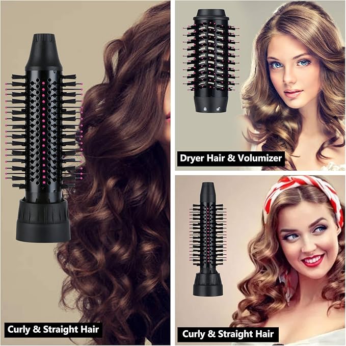 3 in 1 Hair Dryer & Volumizer, Ceramic Negative Ion Curling Dryer Styler with 3 Brush Heads (Rose Black)