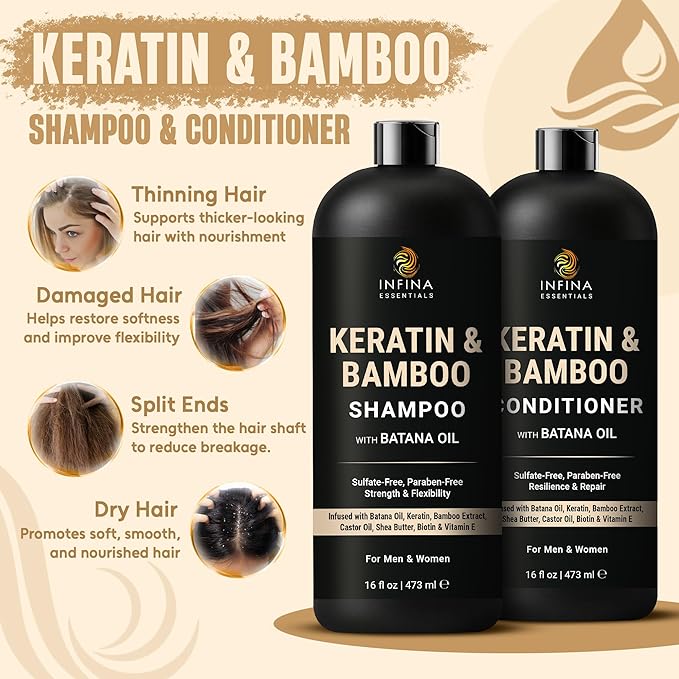INFINA ESSENTIALS Keratin Shampoo and Conditioner Set | 16 fl oz Each | with Batana Oil & Bamboo Extract | Controls Frizz, Strengthens, Nourishes, & Adds Shine for Smoother Hair