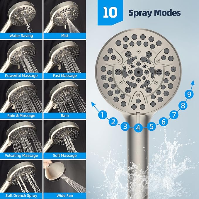Hibbent All Metal CUPC Certified Shower Head, 10'' High Pressure Rainfall Shower Head, Handheld Showerhead Combo, 12'' Adjustable Extension Arm, 10 Sprays, 71'' Hose, Showerhead Holder, Brushed Nickel