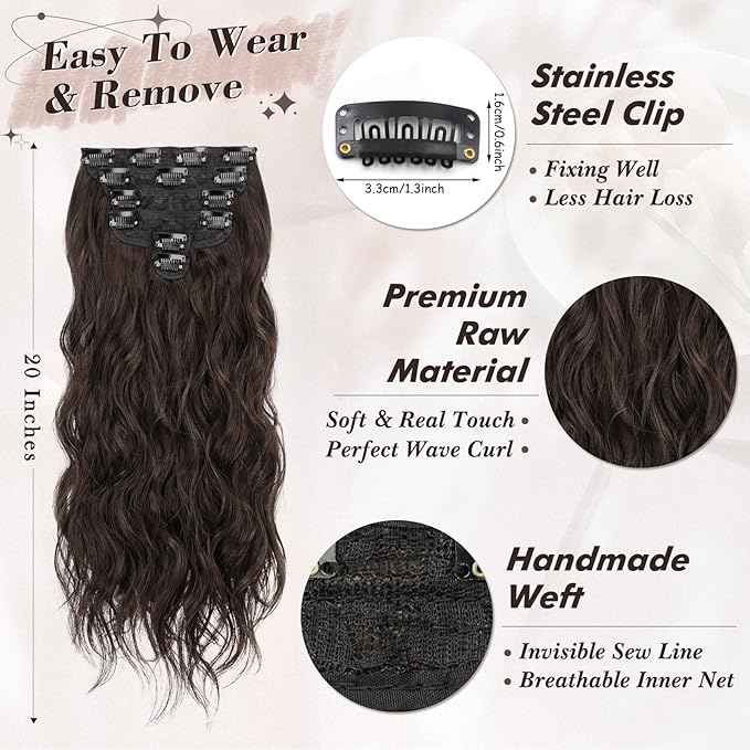 BARSDAR Beach Wavy Dark Brown Clip in Hair Extensions – 6 PCS Dark Brown Wavy Clip in Hair Extensions for Women - Thick Soft Synthetic Full Head Long Voluminous Easy Wear Hairpieces Daily Party