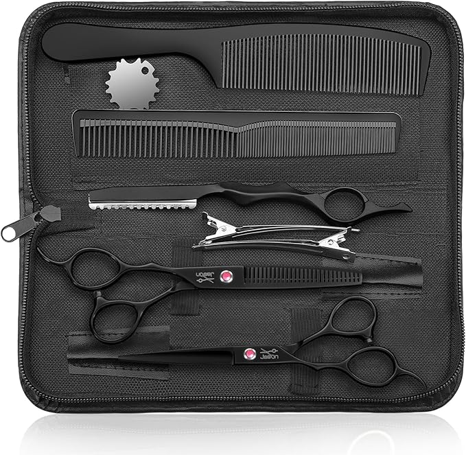 JASON Left Handed Hair Scissors - 10 Pcs Hair Scissors Set, 6 Inch Thinning Shears for Hairs Cutting with 30 Teeth, Professional Straight Shear for Men & Women Barber Set for Home Salon Black Gift