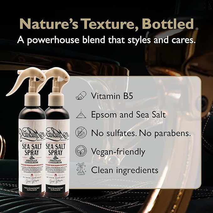 DandyMen Sea Salt Spray – Lightweight Texture, Volume, and Flexible Hold with Epsom Salt & Pro-Vitamin B5 (2-pack, Obsidian Cardamom)