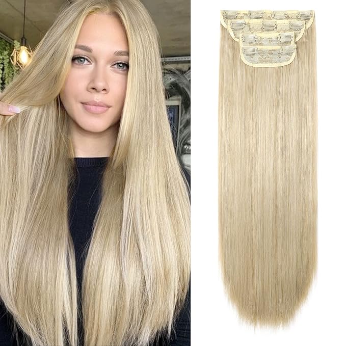 REECHO 24" Straight Long 4 PCS Set Thick Clip in on Hair Extensions - Medium Blonde with Pale Highlight