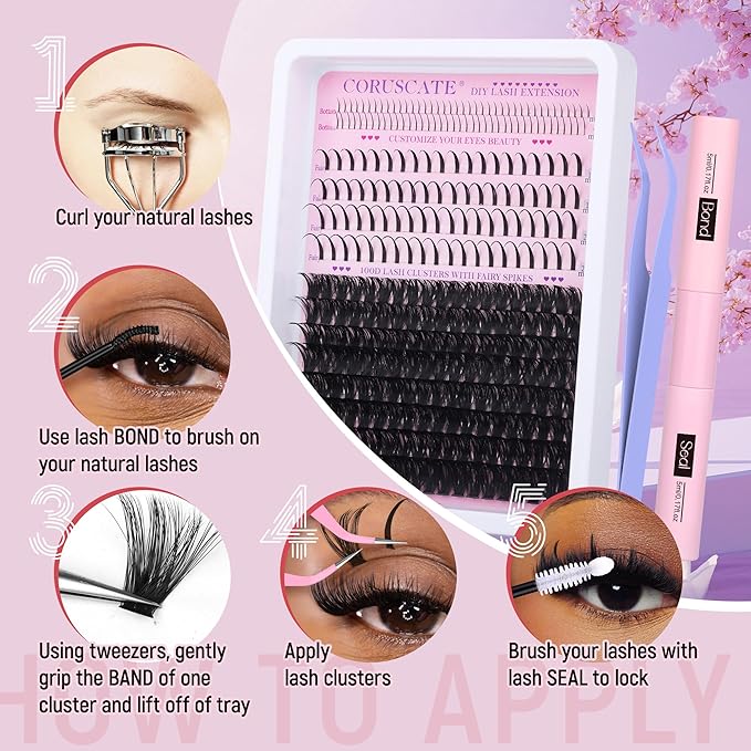 CORUSCATE 100D Lash Clusters Kit with Bottom Lashes Spikes DIY Lash Extension Kit Thick Cluster Eyelash Extensions 5-20mm Cluster Lashes Strips Eyelash Clusters Individual with Lashes Glue