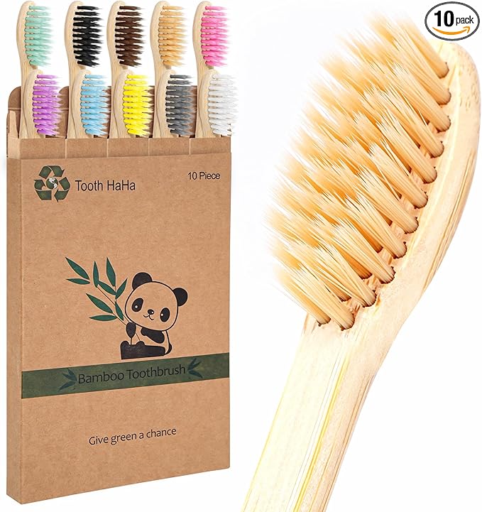 Bamboo Toothbrushes, 10 Pack BPA-Free Soft Tapered Bristles, Eco-Friendly, Natural Wooden, Green Toothbrush, Organic Toothbrushes Travel Set