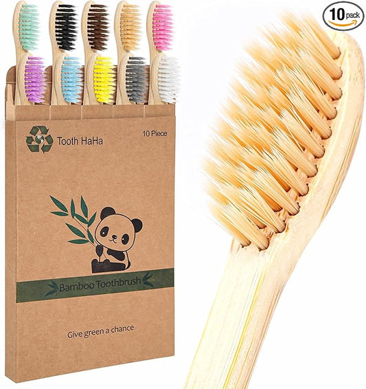 Bamboo Toothbrushes, 10 Pack BPA-Free Soft Tapered Bristles, Eco-Friendly, Natural Wooden, Green Toothbrush, Organic Toothbrushes Travel Set