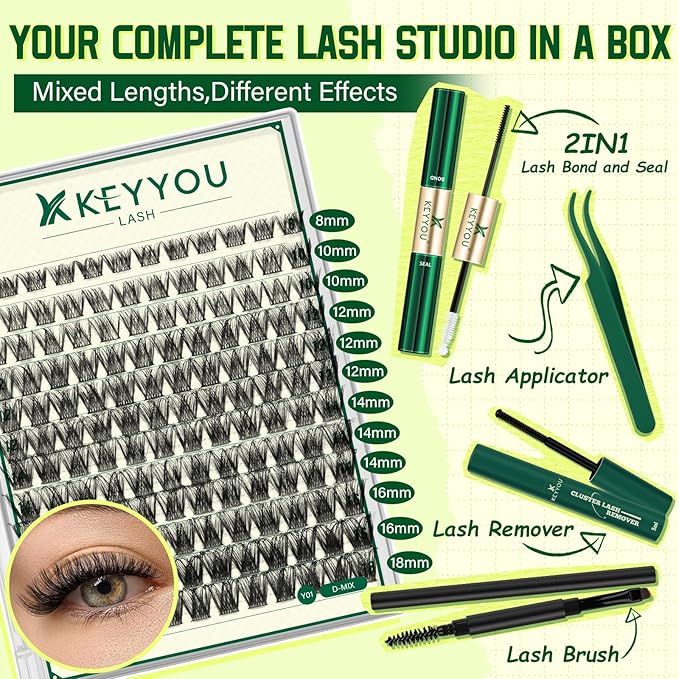 KEYYOU Lash Clusters Kit Natural Wispy DIY Lash Extension Kit 144pcs Lashes Clusters Eyelash Extension with Mascara Brush Bond and Seal Glue Remover Applicators and Brush for Lashes Extensions (Y01)