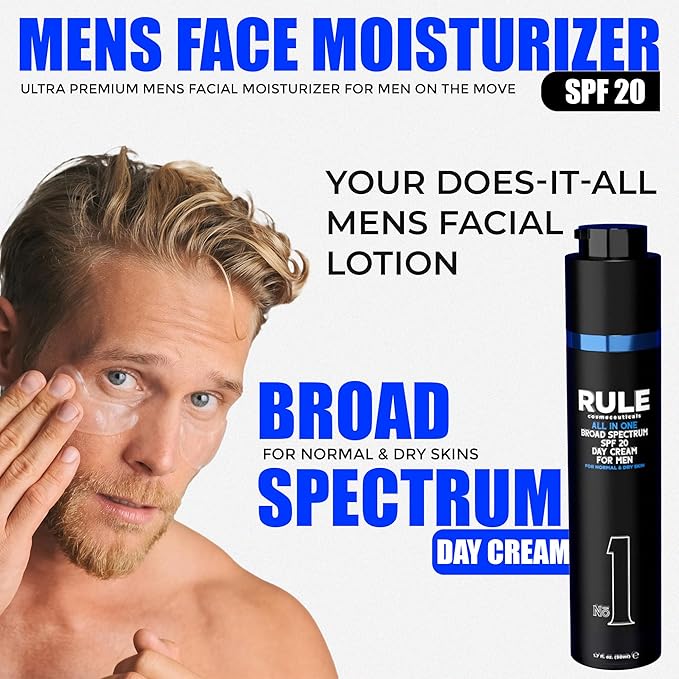 RULE COSMECEUTICALS No.1 Day Cream for Men, 10-in-1 Anti-Aging Face Moisturizer to Reduce Wrinkles & Dryness, SPF 20, Collagen, Vitamins B, C & E - Normal & Dry Skin - Original, 50 mL