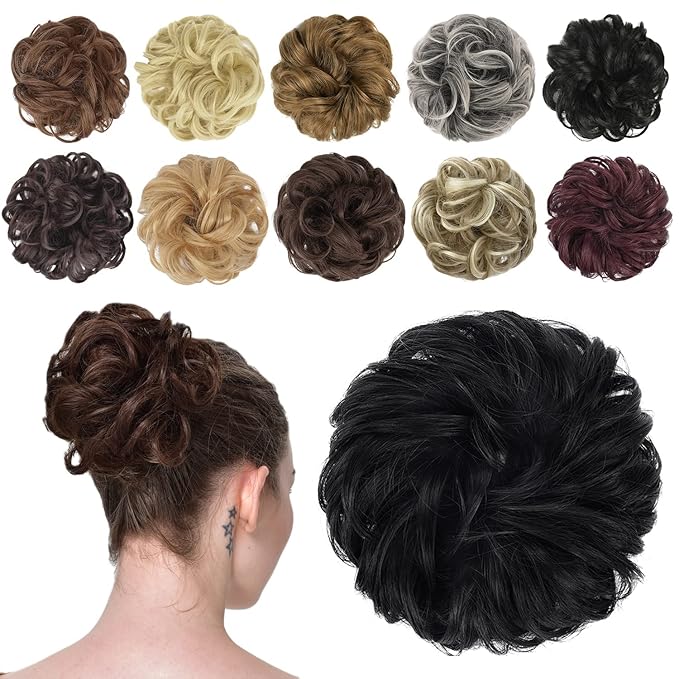 FESHFEN Messy Bun Hair Piece - Wavy Synthetic Chignon Scrunchies for Instant Volume, Elastic Bun Ponytail Hair Extensions Thick Hairpieces for Women, Black 1.50 oz