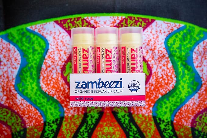 ZAMBEEZI Organic, Fair Trade Beeswax Lip Balm - Wild Rose 3 Pack - Ethically Sourced