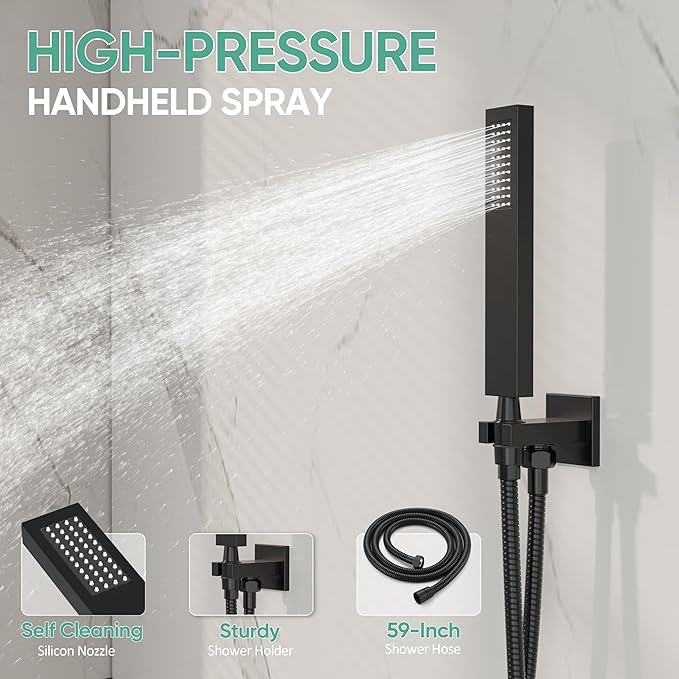 HoliSpa Black Tub Shower System, All Metal Tub Shower Faucet Set with 12" Rain Shower Head and Handheld Spray combo, Wall Mounted Shower Systems with Tub Spout, Valve and Trim Kit, Matte Black