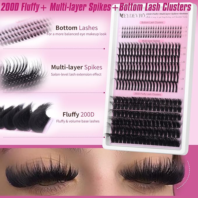 EYDEVRO Volume Lash Clusters with Spikes Eyelash Clusters with Bottom Lashes Look Like Lash Extensions 12-22mm Fluffy 200D Cluster Lashes 16-26mm Spikes Individual Lashes 5-6mm Bottom Lash Clusters