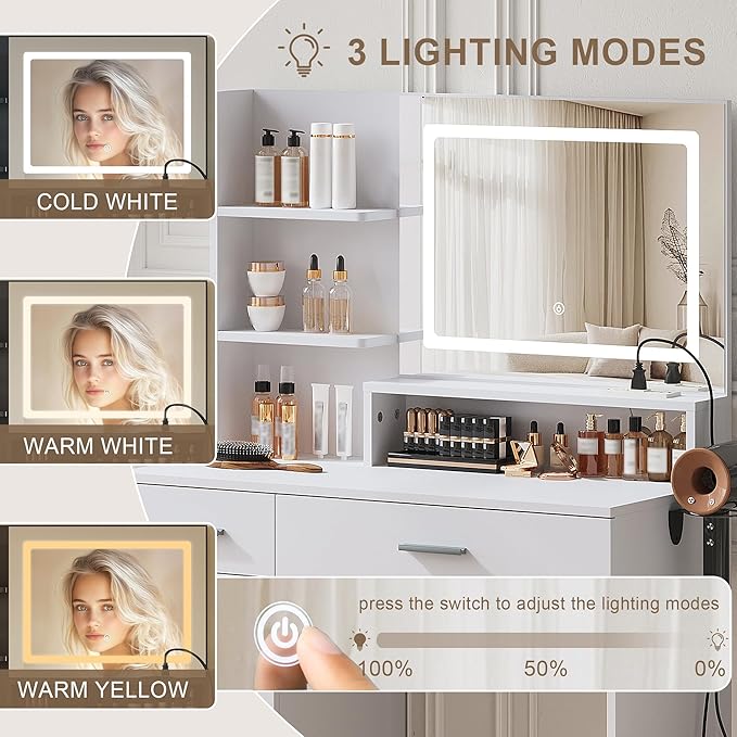 Vanity Desk with LED Mirror and Lights, Makeup Vanity Set with Chair, Power Outlet, Drawers, Cabinet, Dressing Table with Open Storage Shelves and for Bedroom, Dressing Room, White