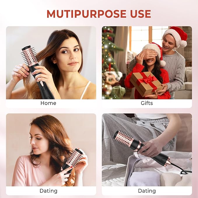 Rotating Hair Dryer Brush 2 in 1 Thermal Blow Brush Set with Auto Rotating 360° Fast Drying Multi-Temperature Settings Detachable Design Heated Hot Air Brush for Curling Volumizing Drying Hair (Black)