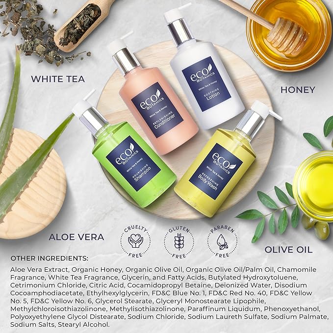 Eco Botanics Hotel Amenities Set | 10.14oz Pump Bottles | Shampoo, Conditioner, Hand & Body Wash, and Lotion | Set of 12