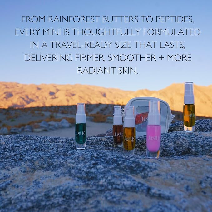 JustUs Skincare Mini Kit – 5 Piece Anti-Aging Travel Set for Hydration, Firmness, Brightening + Glow — Includes Free Travel Case | $115 Value