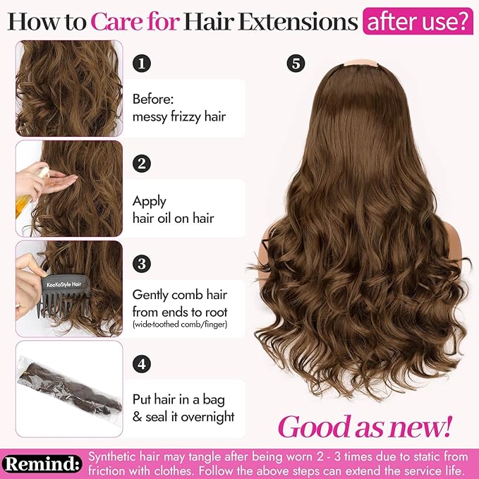 KooKaStyle Clip In Hair Extensions, Natural Long Layered Soft Invisible Synthetic Curly Wavy Hairpieces for Women, 4 pcs (20 Inch, Chestnut Brown)