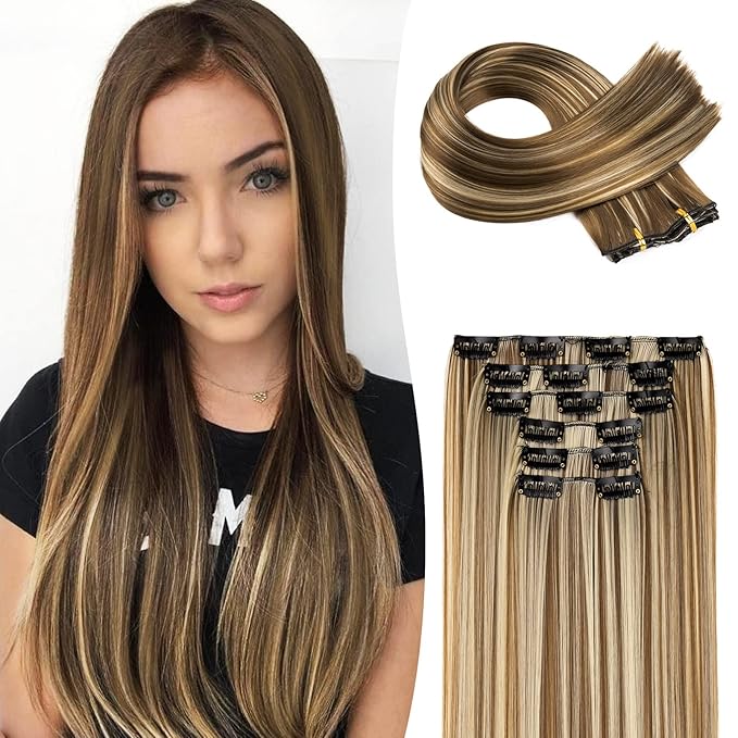 Clip in hair extensions，LONAI 6PCS Straight 24" Hair Extensions for Women，Heat Resistant Synthetic Hairpiece-Brown with Light Blonde