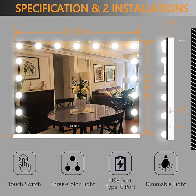Hasipu 32" x24” Hollywood Vanity Mirror with Lights - Makeup Mirror with 17 Dimmable LED Bulbs, 10X Magnification, Touch Control, USB & Type-C Charging Port (Square White)