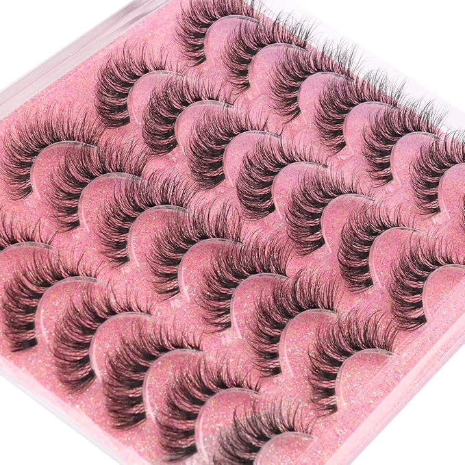 False Lashes Clear Band Faux Mink Lashes Wispy Eyelashes Cat Eye 16mm Natural D-Curl Lashes Cat Eye Strip Eyelashes Pack by Kiromiro, 14 Pairs