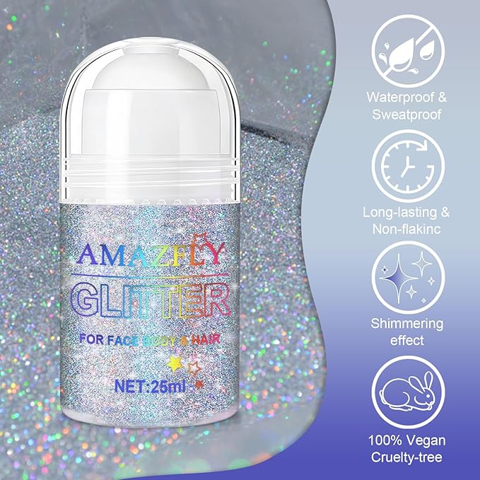 1PC Roll-on Holographic Body Glitter Gel for Body, Hair, Face, Chameleon Color Changing Glitter Gel Under Light, Chunky Mermaid Sequins Festival Party Rave Accessories Shimmer Makeup (Glint-Rainbow)