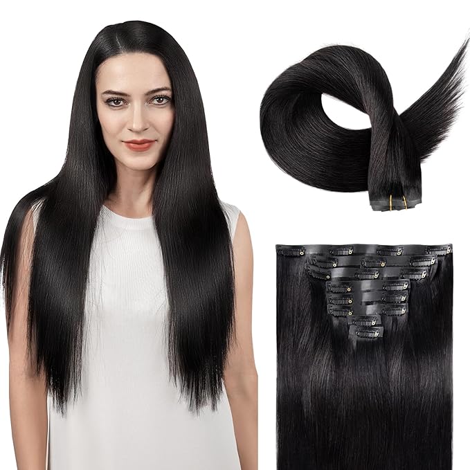 Clip in Hair Extensions Real Human Hair Natural Black Seamless Clip In 100% Remy Hair Extensions PU Skin Weft Add Volume Invisible for Long Straight Hair #1B 22Inch 120G 8PCS