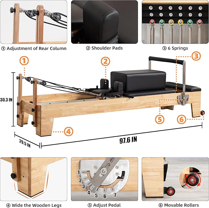 Pilates Reformer Machine, Wood Pilates Machine Bed Yoga Exercise Strength Training Equipment for Home Workout