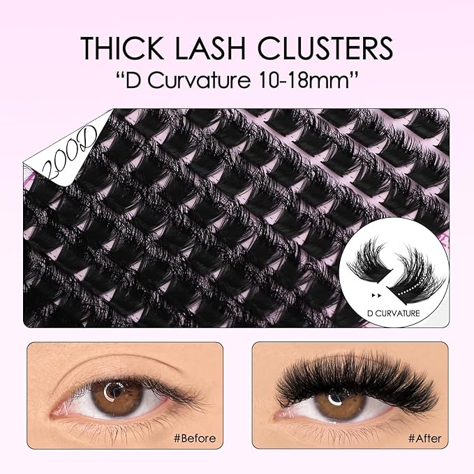 Lash Clusters Kit Thick 200D Lash Extension Kit 10-18mm Volume Cluster Lashes D Curvature Cluster Eyelash Extensions DIY Lash Extension kit at Home(200D-10-18MIX Thick Kit)