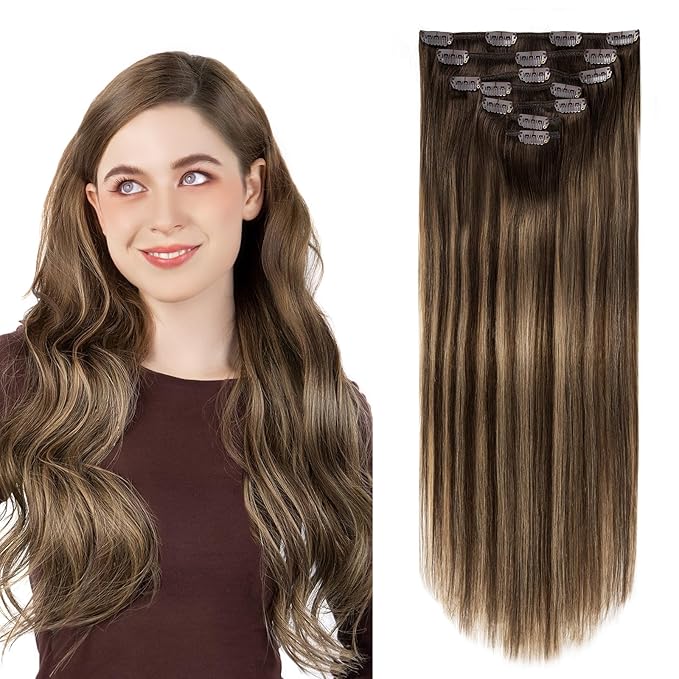 Clip in Hair Extensions Real Human Hair, Invisible Clip In Hair Extensions 100% Human Hair, Balayage Chocolate Brown to Caramel Blonde #4TP27/4 18Inch 120G 7PCS