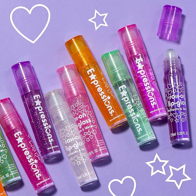Expressions 12pc Roll On Lip Gloss Set with Carrying Case, 12-Piece Glossy Lip Makeup - Assorted Fruity Flavors, Non Toxic, Kid Friendly, Party Gift, Best Friends