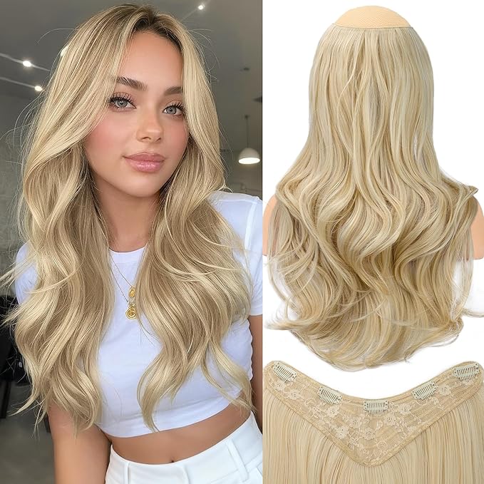 ALXNAN Long Wavy Layered Hair Extensions for Women, Clip in Hair Extensions Clip Ins Soft Full Head Synthetic Hairpieces 20 Inch Light Blonde