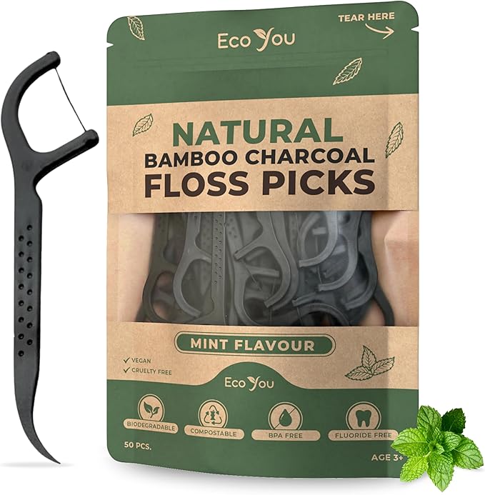 Biodegradable Floss Picks | 50 Count (1 Pack) | Mint Flavor, Candelilla Wax | Sustainable & Reusable | Vegan & Cruelty-Free | Bamboo Floss Picks, Bamboo Toothpicks