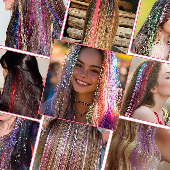 Clip In Tinsel Hair Extensions 14 Colors, 19.7 Inch Glitter Fairy Hair Tinsel Kit Clips, Sparking Hairpieces Colorful Hair Accessories for Girls Women Kids Gift Party Favors Highlights
