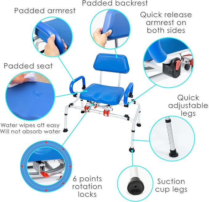iLIVING ILG-668 Tub Transfer Bench Shower Chair for Inside Shower with Easy Access Swivel Padded Seat and Pivoting Arms, and Adjustable Height for Handicap and Seniors, Blue