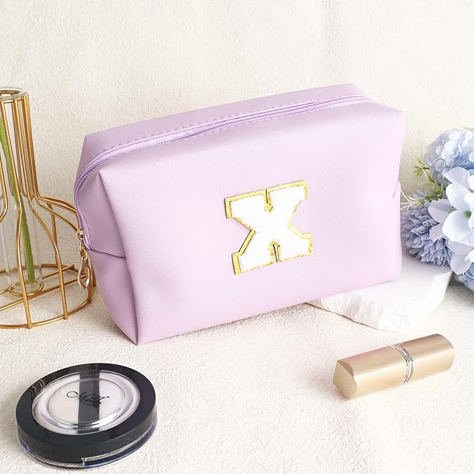 URSKYTOUS Gifts for Girls Initial Makeup Bag Personalized Cosmetic Bag with Zipper Cute Travel Toiletry Bag Waterproof PU Preppy Makeup Pouch Birthday Gift for Teen Girls Women(Purple X)