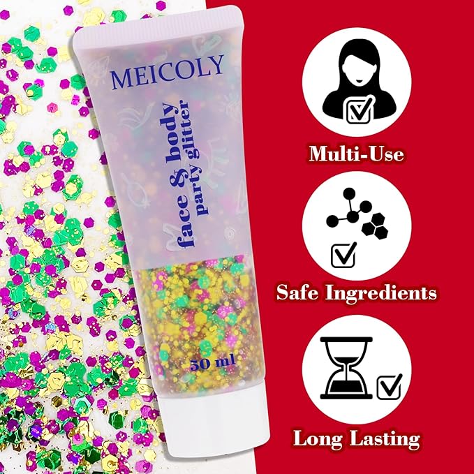 MEICOLY Mardi Gras Face Body Glitter Gel,Skin-Friendly Holographic Hair Glitter for Kids & Adults, Music Festival Concert Rave Makeup,Gold Green Purple Mixed Chunky Glitter for Mardi Gras Carnival