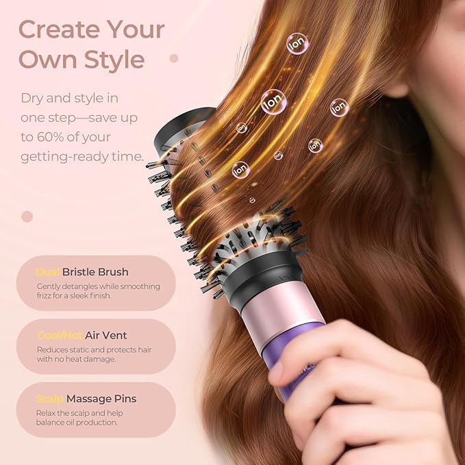 7-in-1 Hair Dryer Brush and 1500W Hair Styler Set – Fast Drying, Curling, Straightening & Volumizing – Hot Air Styling Tool with No Heat Damage – for All Hair Types – Purple