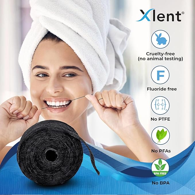 Xlent Expandable Dental Floss Treated Activated Charcoal, Xylitol Natural Based Wax (Mint, Pack of 2 (Refills Only))